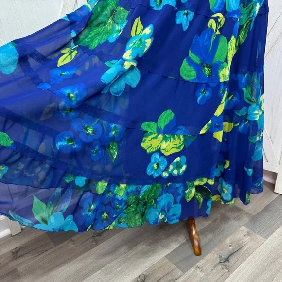 New Directions Tropical Flower Print Tiered Maxi Slip Dress Blue Green 10 - Picture 6 of 11